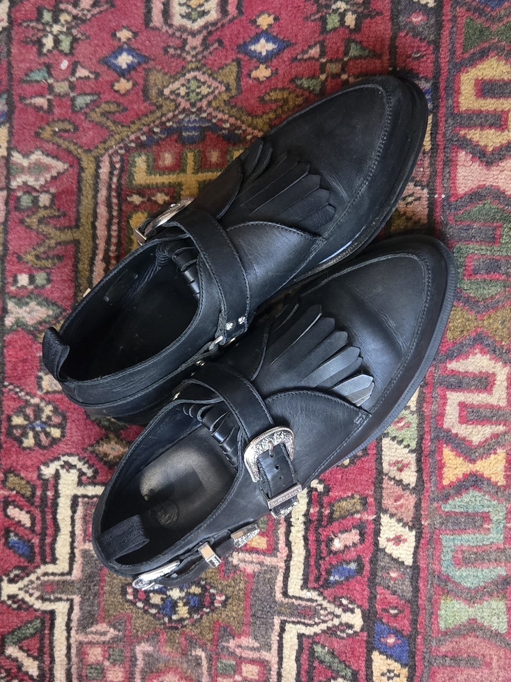 Black Leather Buckle Kiltie Shoes